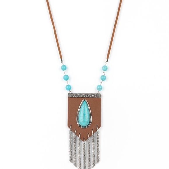 Paparazzi Brown and Silver Necklace with Turquoise Beads Enchantingly Tribal Blu - Picture 1 of 8
